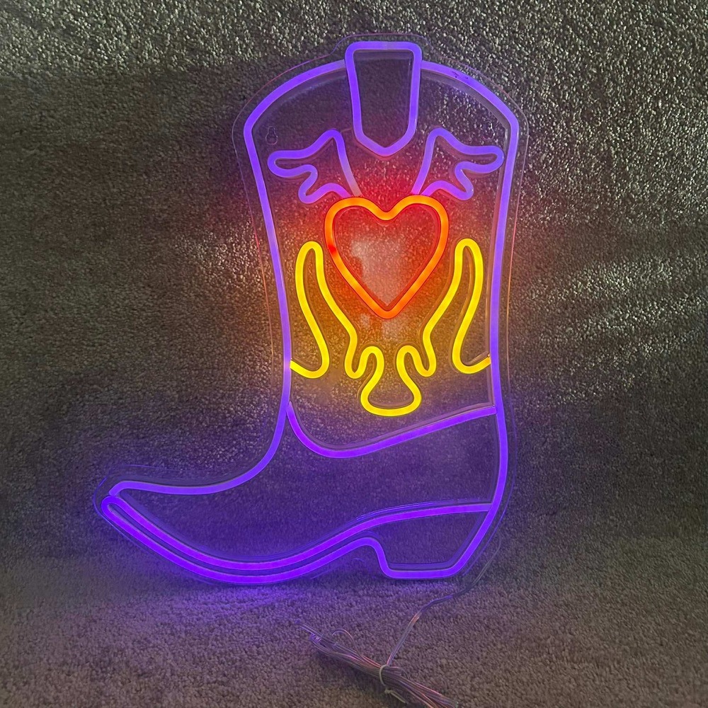 Cowboy‎ Boot Neon Sign Heart Flame Western LED Wall Decor